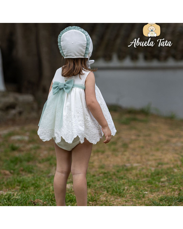 Vestido s/m blanco con lazo aguamarina