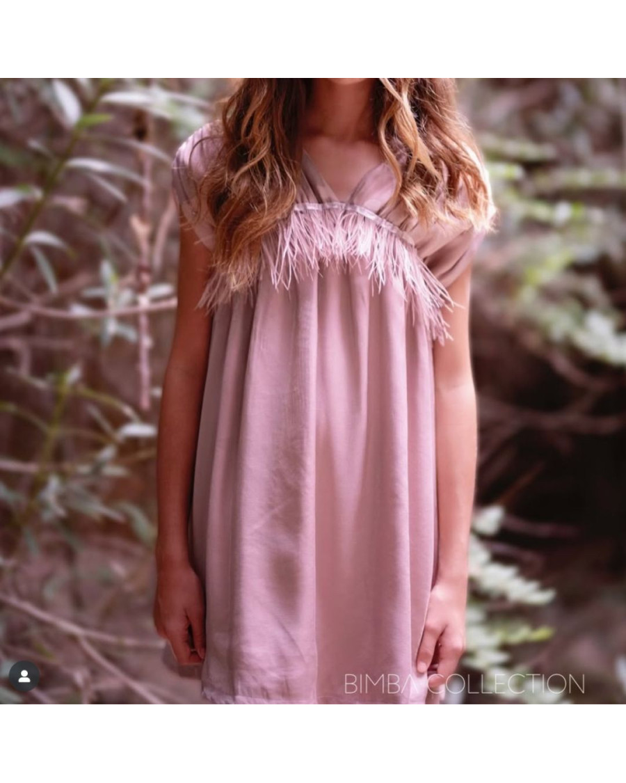 Vestido de raso fruncido plumas