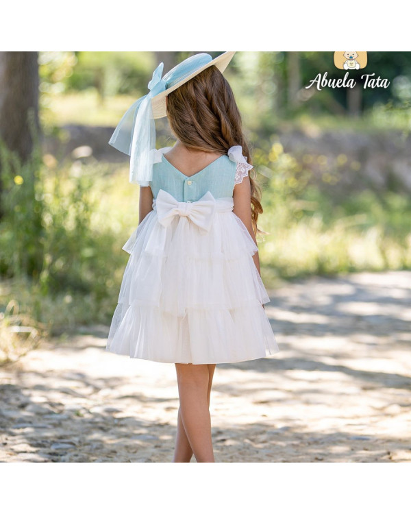 Vestido tul beige y  verde agua marina