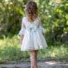 Vestido tul bordado beige lazo verde