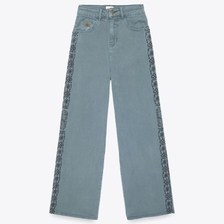 Pantalón recto denim con bordado lateral