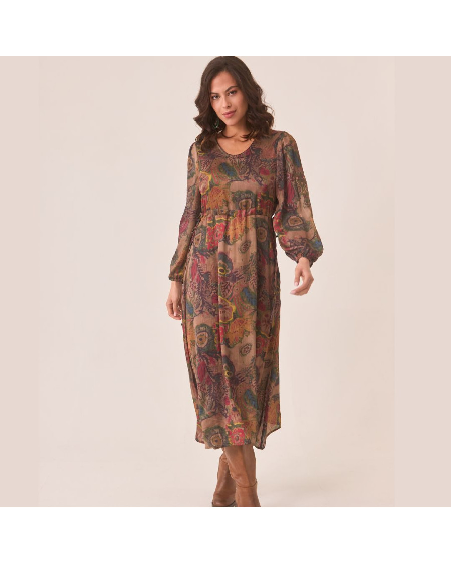 Vestido largo estampado floral con bordado en mangas