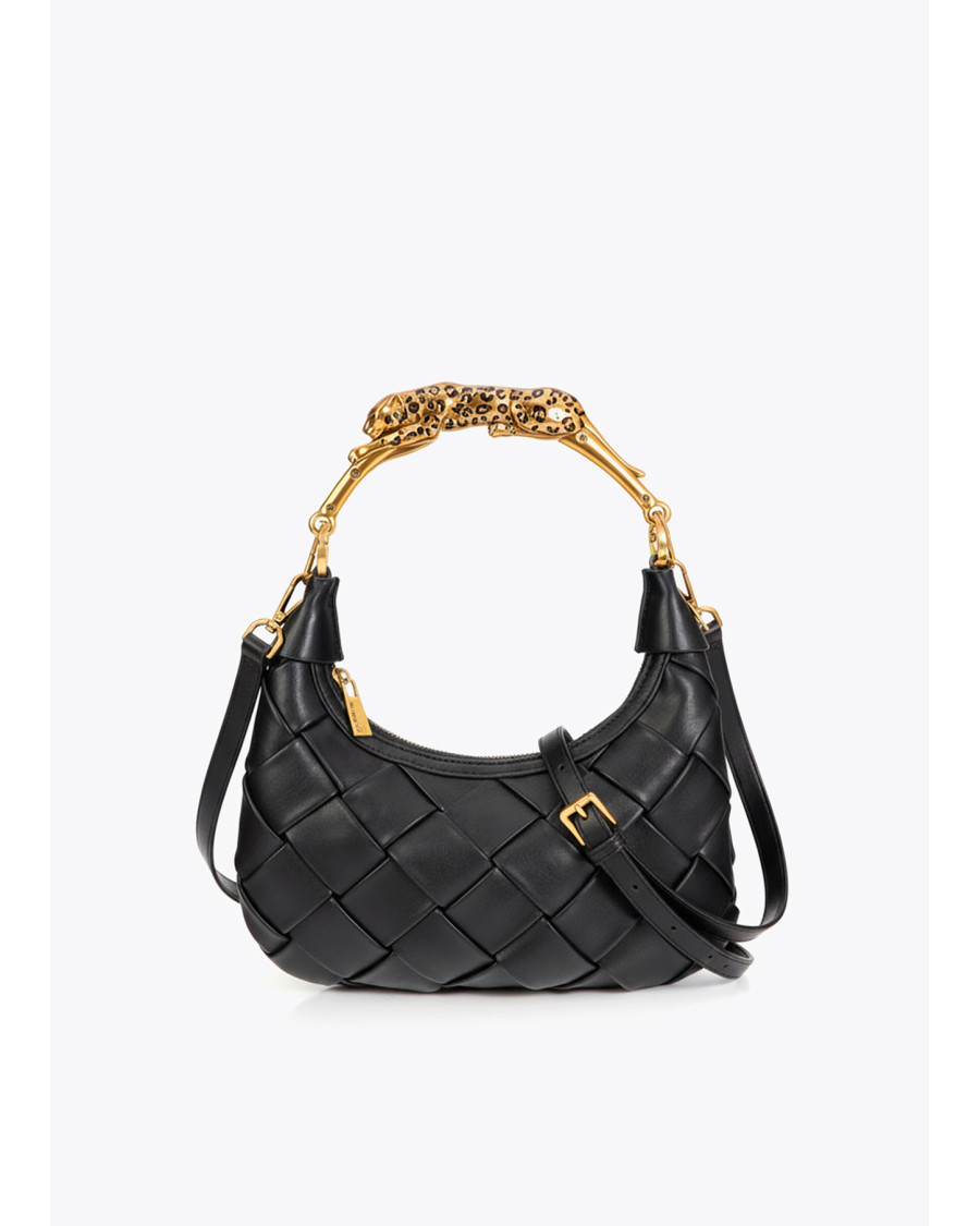 Bolso negro trenzado media luna asa leopardo