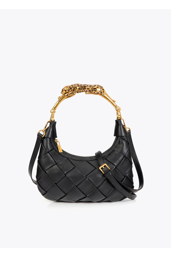 Bolso negro trenzado media luna asa leopardo