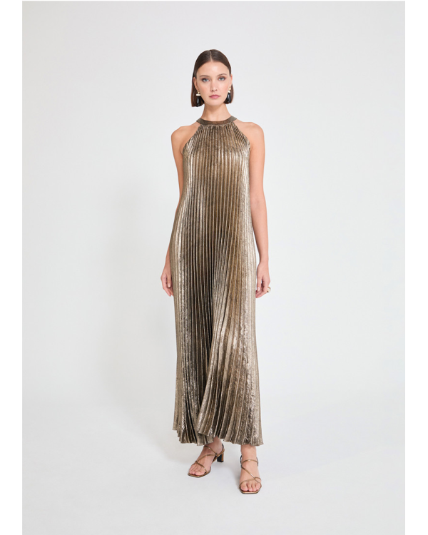 Vestido halter plisado dorado