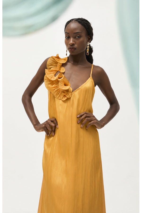 Vestido largo naranja tirante flores