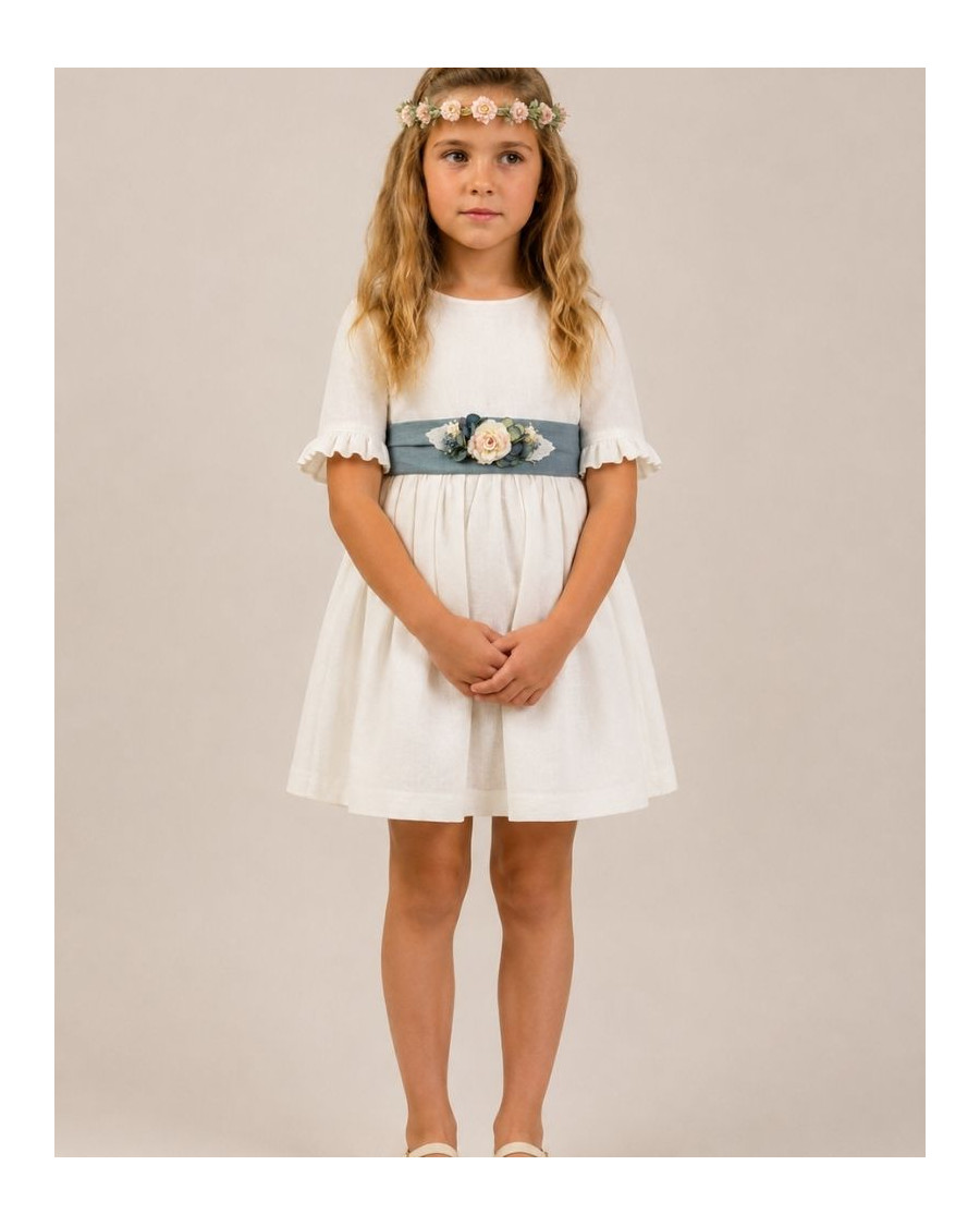 Vestido lino fajín azul océano