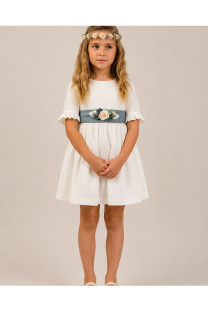 Vestido lino fajín azul océano