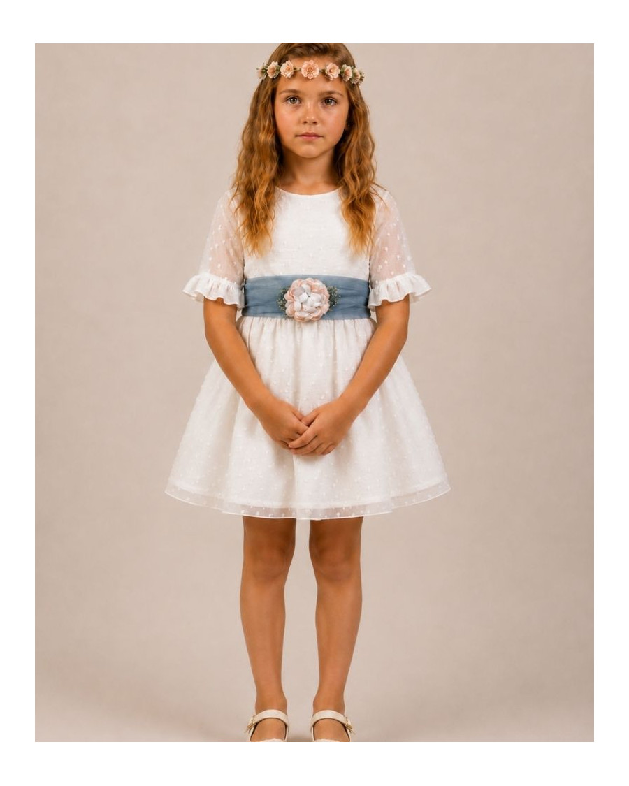 Vestido plumeti de seda fajín azul
