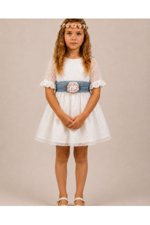 Vestido plumeti de seda fajín azul