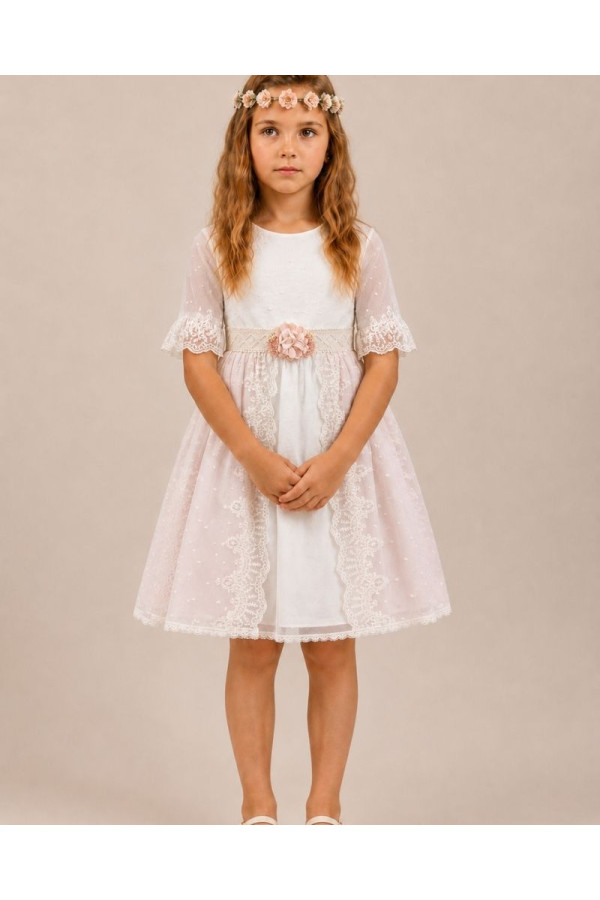 Vestido tul bordado combinado rosa