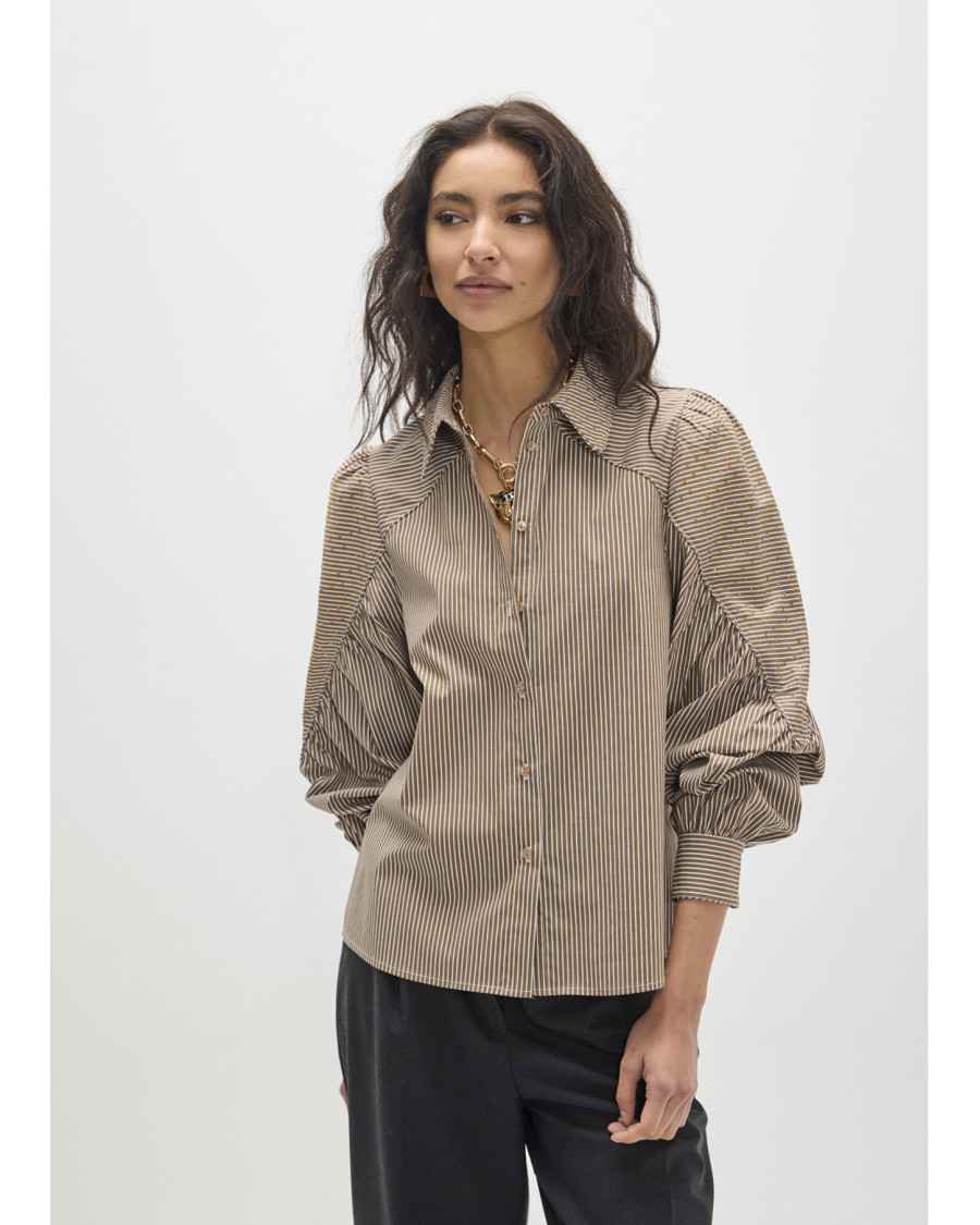 Camisa cuello camisero rayas con strass a tono marrón