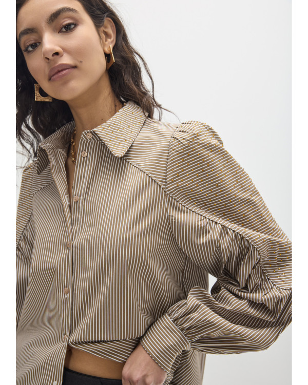 Camisa cuello camisero rayas con strass a tono marrón