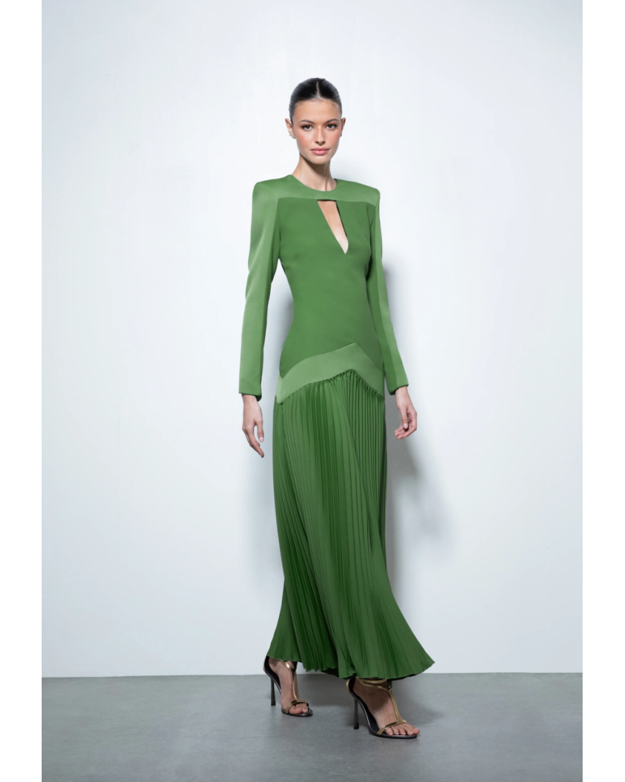 Vestido manga larga plisado verde