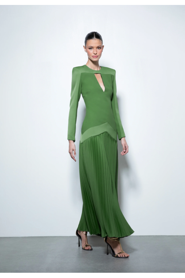 Vestido manga larga plisado verde