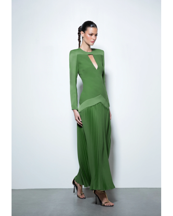 Vestido manga larga plisado verde