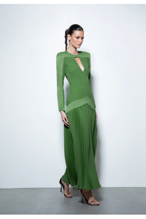 Vestido manga larga plisado verde