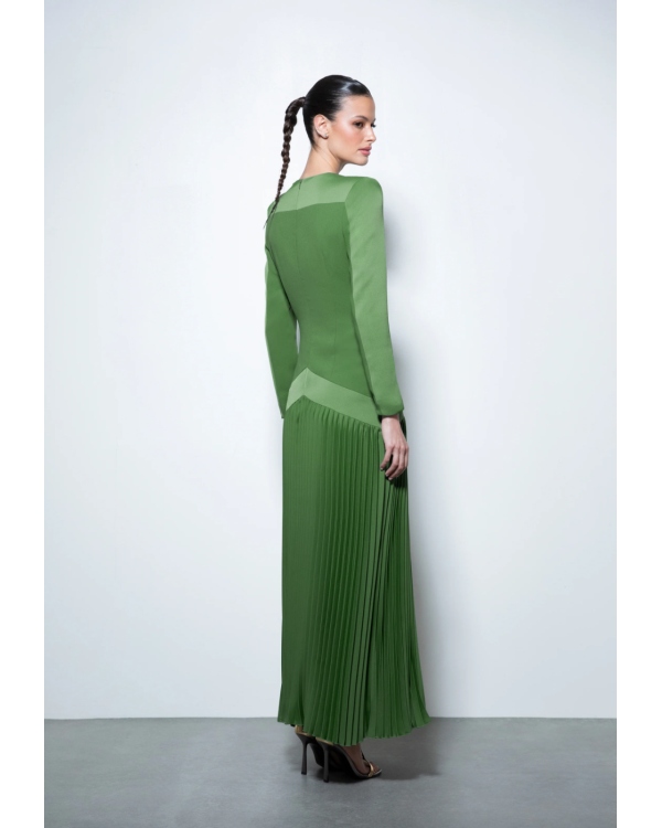 Vestido manga larga plisado verde