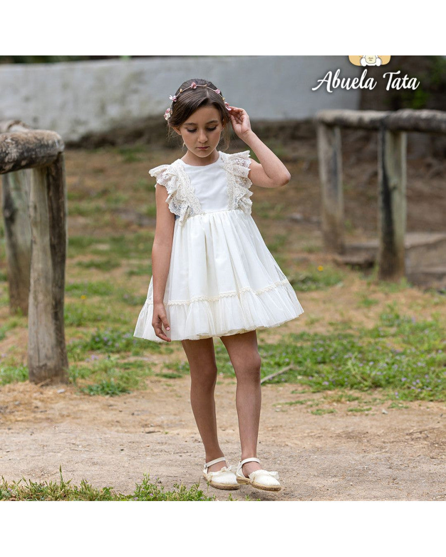 Vestido ceremonia crudo con lazo celeste