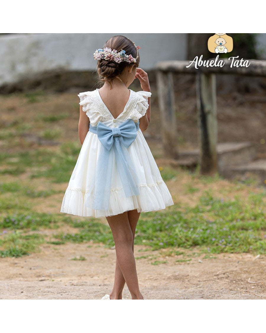 Vestido ceremonia crudo con lazo celeste