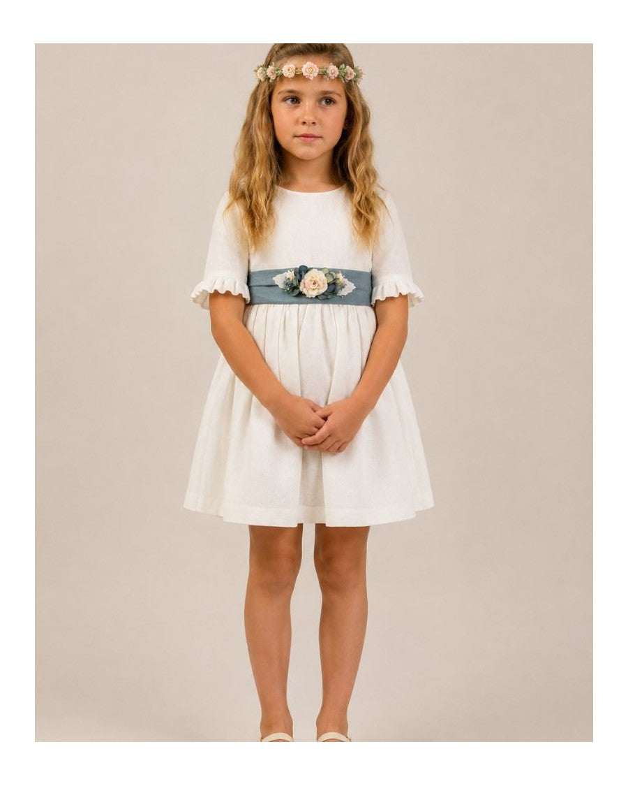 Vestido lino fajín azul océano