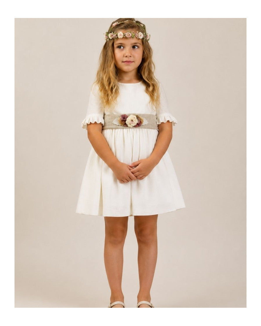 Vestido lino manga francesa fajín arena