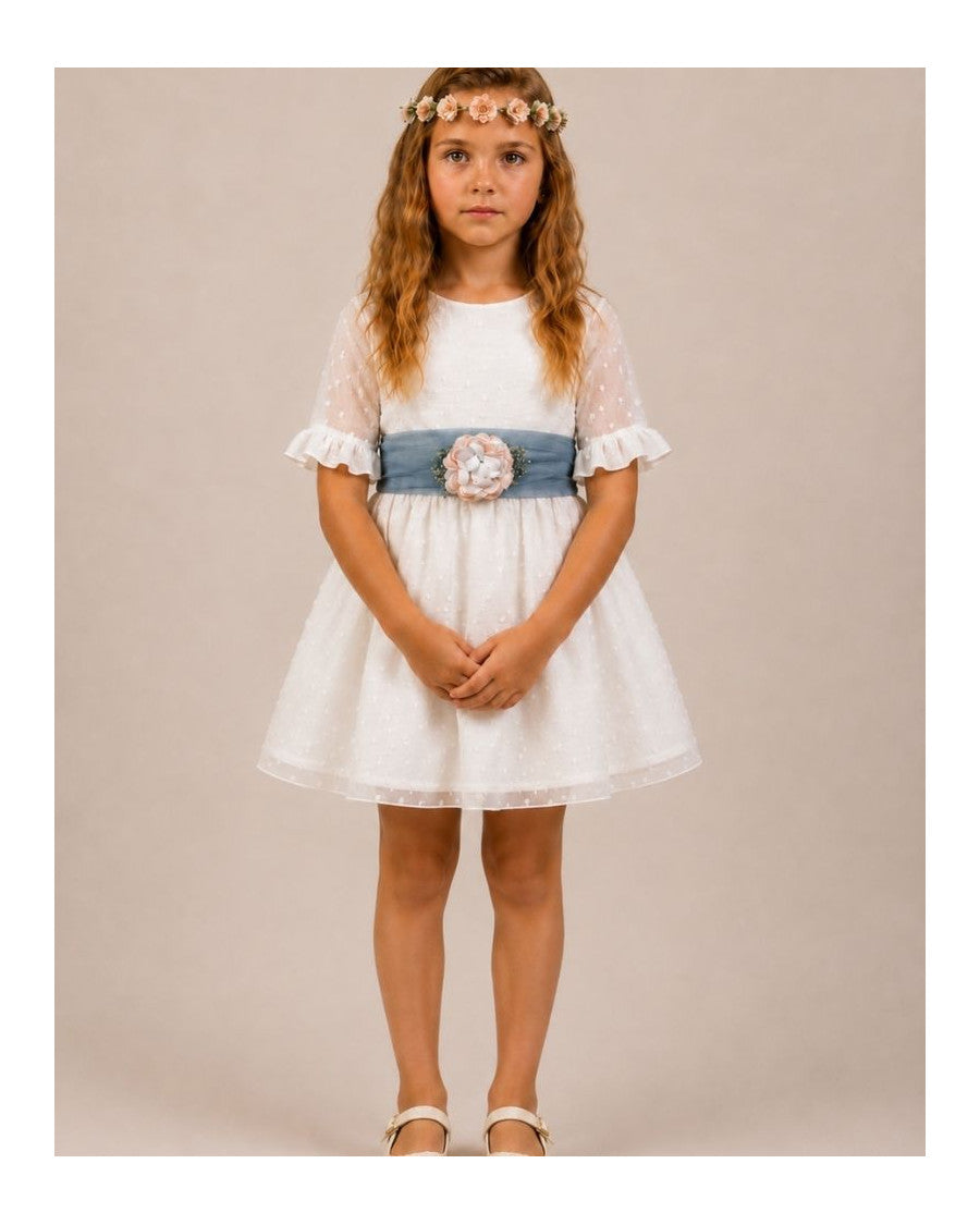 Vestido plumeti de seda fajín azul