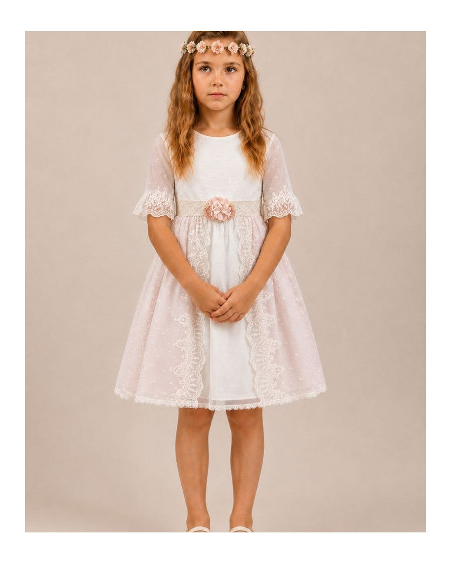 Vestido tul bordado combinado rosa