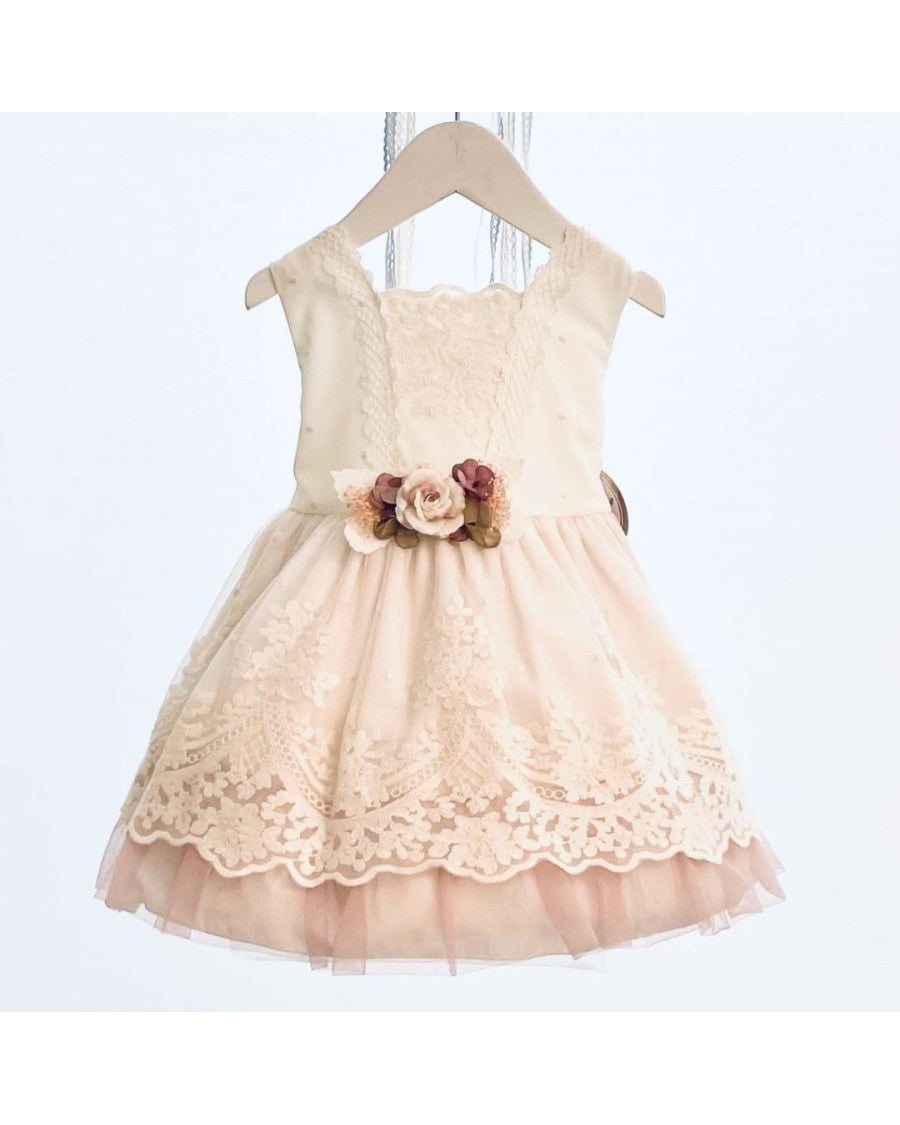 Vestido tul bordado sin mangas rosa