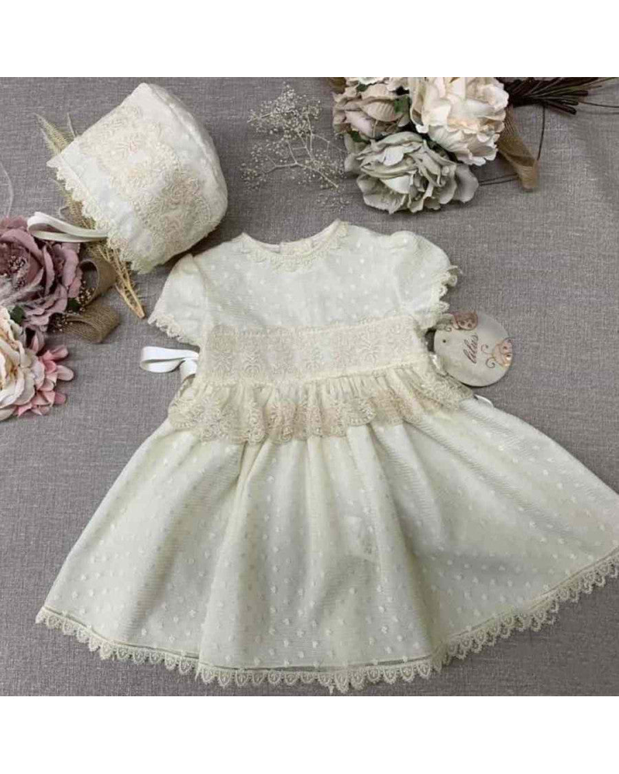 Vestido tul topo puntilla tul beige